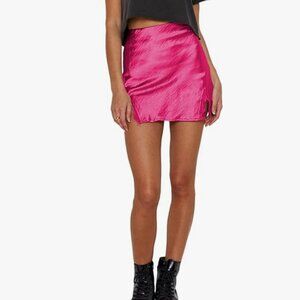 Lyaner Hot Pink Satin Mini Skirt w/ Lace Thigh Slit Detail EUC Size Medium